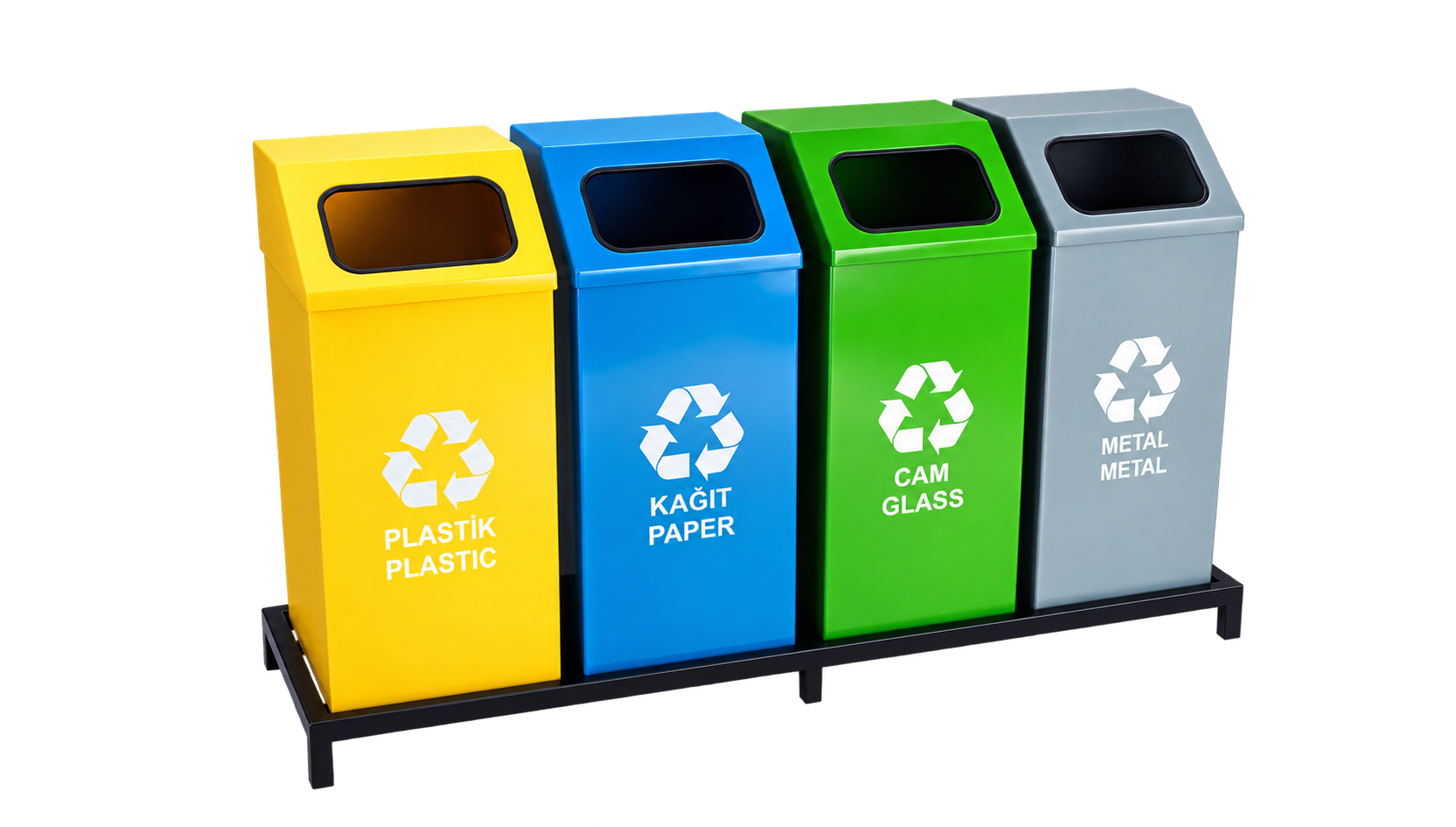 Plastik, kâğıt, cam ve metal için geri dönüşüm kutuları
